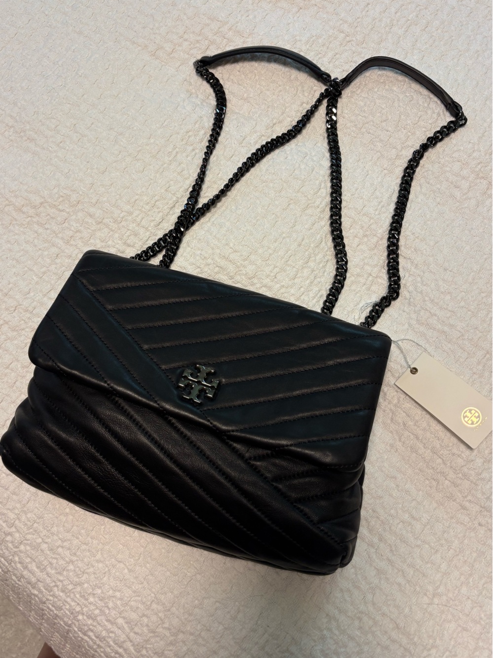 NWT Tory Burch Kira QUILTED chevron Black Leather Gunmetal Shoulder Bag